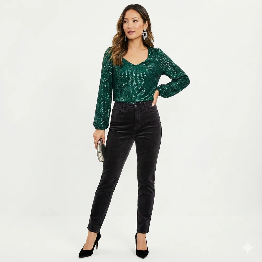 LOFT Black Velvet High Waist Skinny Pants Holiday Party Evening Slim Fit sz 12